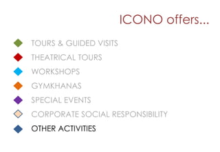 ICONO offers...
TOURS & GUIDED VISITS
THEATRICAL TOURS
WORKSHOPS
GYMKHANAS
SPECIAL EVENTS
CORPORATE SOCIAL RESPONSIBILITY
OTHER ACTIVITIES
 