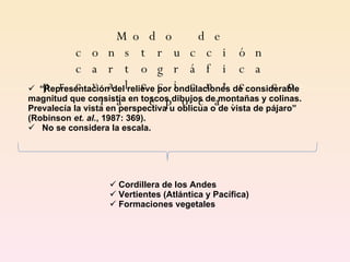 Modo de construcción cartográfica prevaleciente en la época: “ Representación del relieve por ondulaciones de considerable magnitud que consistía en toscos dibujos de montañas y colinas. Prevalecía la vista en perspectiva u oblicua o de vista de pájaro” (Robinson  et. al. , 1987: 369). No se considera la escala. Cordillera de los Andes Vertientes (Atlántica y Pacífica) Formaciones vegetales 