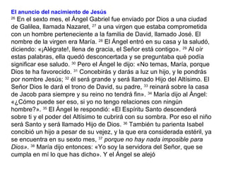 El anuncio del nacimiento de Jesús
26
 En el sexto mes, el Ángel Gabriel fue enviado por Dios a una ciudad 
de Galilea, llamada Nazaret, 27
 a una virgen que estaba comprometida 
con un hombre perteneciente a la familia de David, llamado José. El 
nombre de la virgen era María. 28
 El Ángel entró en su casa y la saludó, 
diciendo: «¡Alégrate!, llena de gracia, el Señor está contigo». 29
 Al oír 
estas palabras, ella quedó desconcertada y se preguntaba qué podía 
significar ese saludo. 30
 Pero el Ángel le dijo: «No temas, María, porque 
Dios te ha favorecido. 31
 Concebirás y darás a luz un hijo, y le pondrás 
por nombre Jesús; 32
 él será grande y será llamado Hijo del Altísimo. El 
Señor Dios le dará el trono de David, su padre, 33
 reinará sobre la casa 
de Jacob para siempre y su reino no tendrá fin». 34
 María dijo al Ángel: 
«¿Cómo puede ser eso, si yo no tengo relaciones con ningún 
hombre?». 35
 El Ángel le respondió: «El Espíritu Santo descenderá 
sobre ti y el poder del Altísimo te cubrirá con su sombra. Por eso el niño 
será Santo y será llamado Hijo de Dios. 36
 También tu parienta Isabel 
concibió un hijo a pesar de su vejez, y la que era considerada estéril, ya 
se encuentra en su sexto mes, 37
 porque no hay nada imposible para
Dios». 38
 María dijo entonces: «Yo soy la servidora del Señor, que se 
cumpla en mí lo que has dicho». Y el Ángel se alejó
 