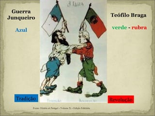 Fonte:  História de Portugal  – Volume X – Edição Ediclube Guerra Junqueiro Azul  Teófilo Braga  verde  -  rubra Tradição   Revolução 