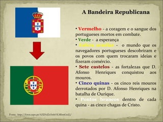 Fonte:  http://fotos.sapo.pt/6ZD1d2s1bthOLMbmGnZj/ A Bandeira Republicana Vermelho  - a coragem e o sangue dos portugueses mortos em combate. Verde  -  a esperança Esfera armilar  -  o mundo que os navegadores portugueses descobriram e os povos com quem trocaram ideias e fizeram comércio. Sete castelos  - as fortalezas que D. Afonso Henriques conquistou aos mouros. Cinco quinas  - os cinco reis mouros derrotados por D. Afonso Henriques na batalha de Ourique.  Pontos brancos  dentro de cada quina - as cinco chagas de Cristo. 