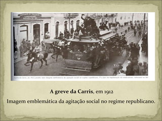 A greve da Carris , em 1912 Imagem emblemática da agitação social no regime republicano.  