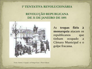As  tropas fiéis à monarquia  atacam os republicanos que tinham ocupado a Câmara Municipal e o golpe fracassa. Fonte:  História e Geografia e de Portugal  6ºano – Porto Editora 