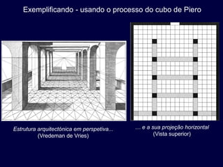 Exemplificando - usando o processo do cubo de Piero




Estrutura arquitectónica em perspetiva...   … e a sua projeção horizontal
          (Vredeman de Vries)                      (Vista superior)
 