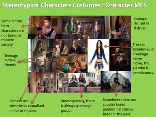 Teenage
damsel in
distress.

Some female
hero
characters are
not based in
modern
society.

There is
sometimes in
a teenage
horror
movie, the
girl who is
promiscuous.

Teenage
female
friends.

Females are
sometimes sexualised
in horror movies.

Stereotypically, there
is always a teenage
group.

Sometimes there are
couples based
paranormal stories
based in the past.

 