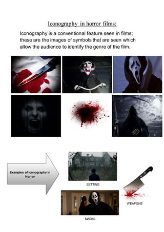 Iconography in horror films:
Iconography is a conventional feature seen in films;
these are the images of symbols that are seen which
allow the audience to identify the genre of the film.
Examples of Iconography in
Horror
SETTING
WEAPONS
MASKS
 