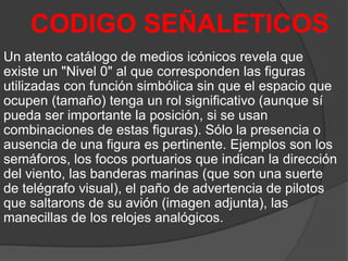 CODIGO SEÑALETICOS
Un atento catálogo de medios icónicos revela que
existe un "Nivel 0" al que corresponden las figuras
utilizadas con función simbólica sin que el espacio que
ocupen (tamaño) tenga un rol significativo (aunque sí
pueda ser importante la posición, si se usan
combinaciones de estas figuras). Sólo la presencia o
ausencia de una figura es pertinente. Ejemplos son los
semáforos, los focos portuarios que indican la dirección
del viento, las banderas marinas (que son una suerte
de telégrafo visual), el paño de advertencia de pilotos
que saltarons de su avión (imagen adjunta), las
manecillas de los relojes analógicos.

 