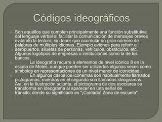 





Son aquéllos que cumplen principalmente una función substitutiva
del lenguaje verbal al facilitar la comunicación de mensajes breves
evitando la lectura, sin tener que acumular un gran número de
palabras de múltiples idiomas. Ejemplo aviones para referir a
aeropuertos, siluetas de personas, vehículos, obstáculos, etc.
Algunos logotipos de empresas o instituciones como la de los
bancos.
La ideografía recurre a elementos de nivel icónico 8 en la
escala de Moles, aunque pueden ser utilizados algunas veces como
símbolos en representaciones de un nivel menor de iconicidad
En algunos casos los iconemas son habitualmente llamados
pictogramas, mientras en el segundo son llamados ideogramas.
Así, en la Ilustración adjunta, el pictograma de dos escolares se
transforma en ideograma al aparecer en una señal de
tránsito, donde su significado es "¡Cuidado! Zona de escuela".

 