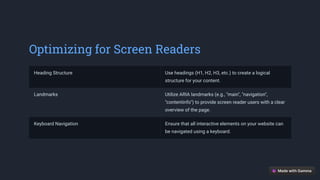 Optimizing for Screen Readers
Heading Structure Use headings (H1, H2, H3, etc.) to create a logical
structure for your content.
Landmarks Utilize ARIA landmarks (e.g., "main", "navigation",
"contentinfo") to provide screen reader users with a clear
overview of the page.
Keyboard Navigation Ensure that all interactive elements on your website can
be navigated using a keyboard.
 