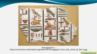 @malekontheweb
Hieroglyphics -
https://commons.wikimedia.org/wiki/File:Hieroglyphs_from_the_tomb_of_Seti_I.jpg
 