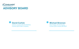 ADVISORY BOARD
David Carlick
Venture / Co-founder DoubleClick,
Former CEO Public Company
Michael Brennan
Real Estate / Private Equity,
Former CEO Fortune 500 REIT
®
 