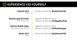 EXPERIENCE V10 YOURSELF
Domino 10.0
Now
Access via ibm.biz/BuyDominoV10
Domino App Dev Pack
Early access now
Upgrade to Do...