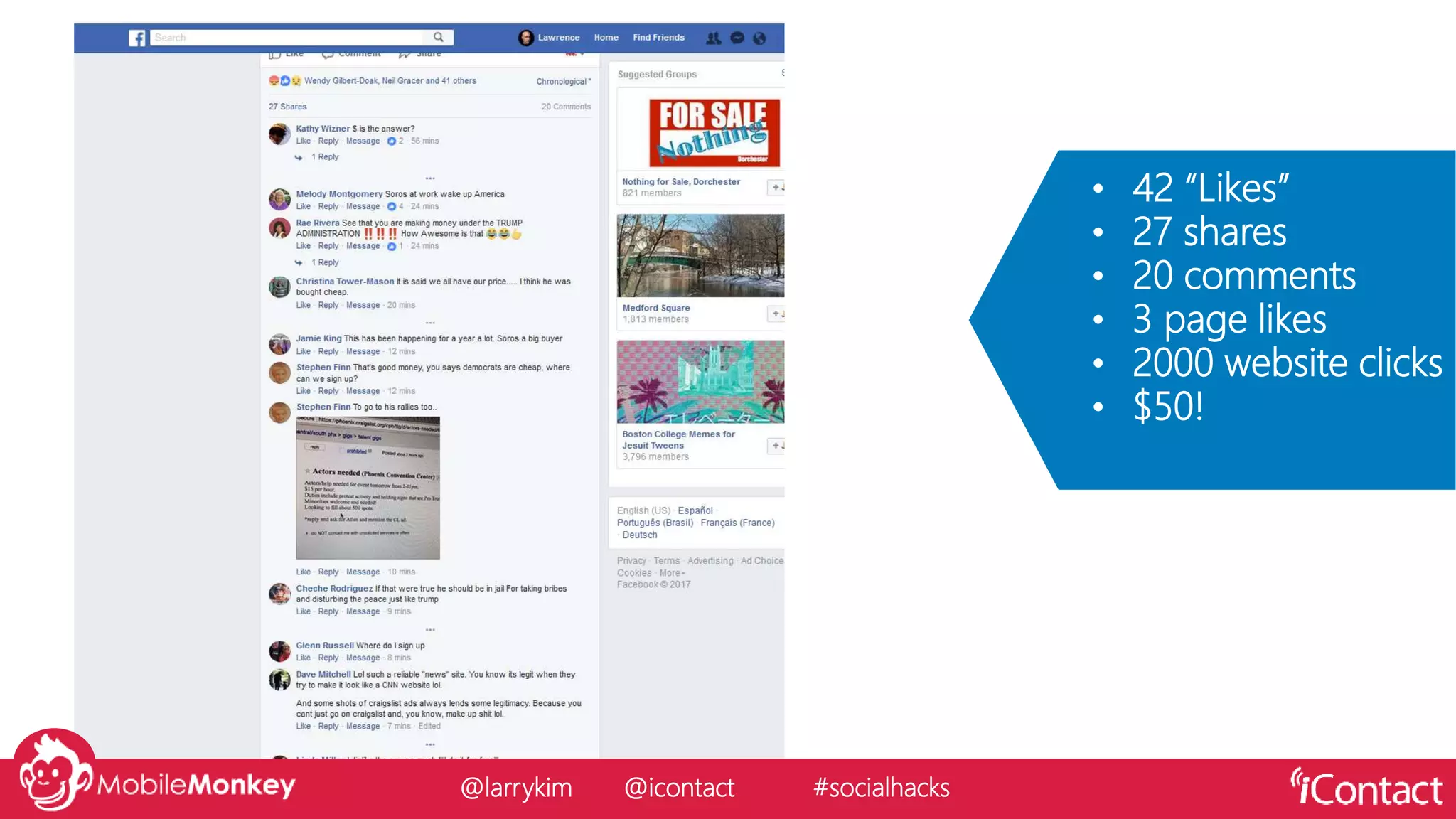 • 42 “Likes”
• 27 shares
• 20 comments
• 3 page likes
• 2000 website clicks
• $50!
@larrykim @icontact #socialhacks
 