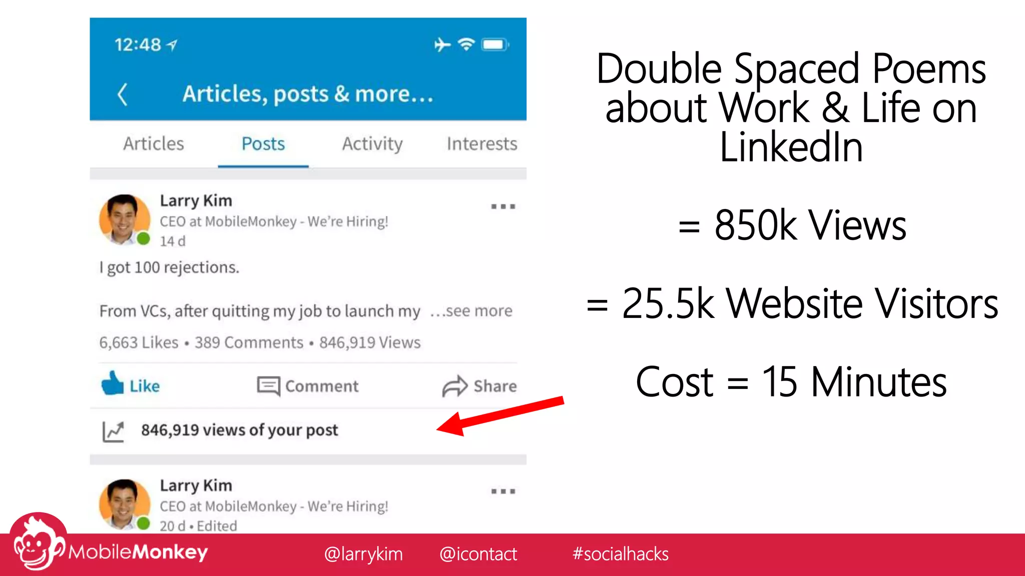 Double Spaced Poems
about Work & Life on
LinkedIn
= 850k Views
= 25.5k Website Visitors
Cost = 15 Minutes
@larrykim @icontact #socialhacks
 