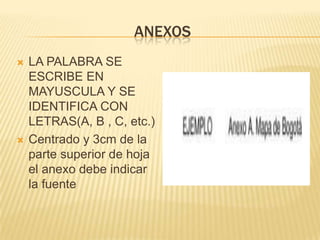 ANEXOS
   LA PALABRA SE
    ESCRIBE EN
    MAYUSCULA Y SE
    IDENTIFICA CON
    LETRAS(A, B , C, etc.)
   Centrado y 3cm de la
    parte superior de hoja
    el anexo debe indicar
    la fuente
 