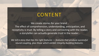 6
CONTENT
We create stories for your brand ..
The effect of comprehension, understanding, anticipation, and
receptivity is...