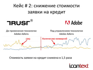 Кейс # 2: снижение стоимости
заявки на кредит
Стоимость заявки на кредит снижена в 1,5 раза
До применения технологии
Adobe Adlens
Под управлением технологии
Adobe Adlens
 