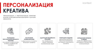 Автоматизация и персонализация креатива
во всех типах рекламных кампаний и для всех
форматов.
ПЕРСОНАЛИЗАЦИЯ
КРЕАТИВА
РАЗРАБОТКА
ПЕРСОНАЛИЗИРОВАННОГО
КРЕАТИВА
под каждый микросегмент
на базе потребностей
сегмента
ПОСТРОЕНИЕ
КОММУНИКАЦИИ
в зависимости от интента
входящего трафика
АДАПТАЦИЯ МЕДИЙНОГО
КРЕАТИВА
под перформанс
задачи, решение
омниканальных задач
ГЕНЕРАЦИЯ И ВЕДЕНИЕ
рекламных кампаний
персонализированных
для каждого аудиторного
сегмента
ОПРЕДЕЛЕНИЕ ВРЕМЕНИ
И МЕДИА,
наиболее эффективных
для каждого сегмента ЦА
и коммуникации
 