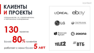 КЛИЕНТЫ
И ПРОЕКТЫ
130проектов
Более 80% клиентов
работает с нами более 5 лет
сотрудничество по стратегическому
и тактическому планированию
 