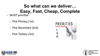 So what can we deliver…
Easy, Fast, Cheap, Complete
• MUST prioritize
• Pick Primary (1st)
• Pick Secondary (2nd)
• Pick Tertiary (3rd)
 
