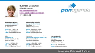 Headquarters, Austria:
panagenda GmbH (Ltd.)
Schreyvogelgasse 3/10
AT 1010 Vienna
Phone: +43 1 89 012 89
Fax: +43 1 89 012 89-15
E-Mail: info@panagenda.com
Headquarters, Germany:
panagenda GmbH (Ltd.)
Lahnstraße 17
DE 64646 Heppenheim
Phone: +49 6252 67 939-00
Fax: +49 6252 67 939-16
E-Mail: info@panagenda.com
USA:
panagenda Inc.
60 State Street, Suite 700
MA 02109 Boston
Phone: +1 617 855 5961
Fax: +1 617 488 2292
E-Mail: info@panagenda.com
Germany:
panagenda Consulting GmbH (Ltd.)
Donnersbergstraße 1
DE 64646 Heppenheim
Phone: +49 6252 67 939-86
Fax: +49 6252 67 939-16
E-Mail: info@panagenda.com
The Netherlands:
Trust Factory B.V.
11th Floor,
Koningin Julianaplein 10
NL 2595 AA The Hague
Phone: +31 70 80 801 96
E-Mail: info@trust-factory.com
© 2007-2015 panagenda
Make Your Data Work for You
Business Consultant
@FemkeGoedhart
http://femkegoedhart.com
Femke.Goedhart@panagenda.com
+31 6 25400482
 