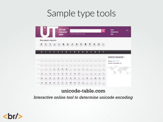 Sample type tools

unicode-table.com
Interactive online tool to determine unicode encoding

 