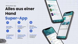 ICONX – MINING-RACE-APP
12
Alles aus einer
Hand
Super-App
Mining-Race-App
Eigenständige
Wallet, auf die nur
Sie zugreifen
Erstklassige
Sicherheit, um sichere
Transaktionen zu
ermöglichen.
Multi-Chain-
Unterstützung für
BTC-, ETH- und BNB-
Netzwerke.
Transaktionszentrum
zur Verfolgung aller
ein- und
ausgehenden
Überweisungen.
Adressbuch, um eine
schnelle und korrekte
Überweisung von
Geldern zu
gewährleisten.
QR-Code-Scanner
zum Senden oder
Empfangen von
Transaktionen
 