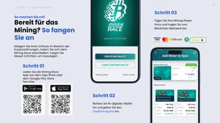 ICONX – SO MACHEN SIE MIT
23
Bereit für das
Mining? So fangen
Sie an
So machen Sie mit
Steigern Sie Ihren Einfluss im Bereich der
Kryptowährungen, indem Sie sich dem
Mining Race anschließen. Folgen Sie
diesen Schritten, um loszulegen:
Schritt 01
Laden Sie die Mining Race
App aus dem App Store oder
dem Google Play Store
herunter.
Schritt 02
Richten Sie Ihr digitales Wallet
ein und geben Sie den
Empfehlungslink ein.
Schritt 03
Fügen Sie Ihre Mining-Power
hinzu und tragen Sie zum
Blockchain-Netzwerk bei.
 