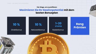ICONX – VIER WEGE, UM ZU PROFITIEREN
13
Maximieren Sie Ihr Gewinnpotential mit dem
besten Bonusplan
Vier Wege, um zu profitieren
Direktbonus Netzwerkbonus Rasterbonus
10 % 10 % 1-20
STUFEN
Rang
Prämien
 
