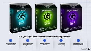 Exclusive access to
Mining Cards
Buy your Spot license to unlock the following benefits
Exclusive access to
Mining Machines
Earning from Grid
Bonus
Automated
Mining Setup
Earning with ICONX
promoter platform
ICONX – SPOT License
12
 
