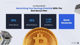 ICONX – FOUR WAYS TO BENEFIT
15
Maximizing Your Earnings Potential With The
Best Bonus Plan
Four Ways to Benefit
Direct Bonus Network Bonus Grid Bonus
10% 10% 1-20
LEVELS
Rank
Rewards
 