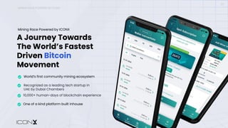A Journey Towards
The World’s Fastest
Driven Bitcoin
Movement
World’s first community mining ecosystem
Recognized as a leading tech startup in
UAE by Dubai Chambers
10,000+ human-days of blockchain experience
One of a kind platform built inhouse
Mining Race Powered by ICONX
MINING RACE POWERED BY ICONX
07
 