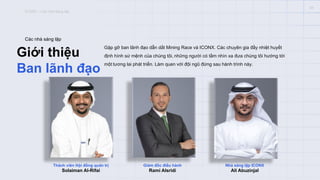 ICONX – Các nhà sáng lập
Giới thiệu
Ban lãnh đạo
Các nhà sáng lập
Gặp gỡ ban lãnh đạo dẫn dắt Mining Race và ICONX. Các chuyên gia đầy nhiệt huyết
định hình sứ mệnh của chúng tôi, những người có tầm nhìn xa đưa chúng tôi hướng tới
một tương lai phát triển. Làm quen với đội ngũ đứng sau hành trình này.
04
Thành viên Hội đồng quản trị
Solaiman Al-Rifai
Giám đốc điều hành
Rami Alsridi
Nhà sáng lập ICONX
Ali Abuzinjal
 