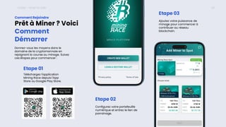 ICONX – HOW TO JOIN 23
Prêt à Miner ? Voici
Comment
Démarrer
Comment Rejoindre
Donnez-vous les moyens dans le
domaine de la cryptomonnaie en
rejoignant la course au minage. Suivez
ces étapes pour commencer :
Etape 01
Téléchargez l'application
Mining Race depuis l'App
Store ou Google Play Store.
Etape 02
Configurez votre portefeuille
numérique et entrez le lien de
parrainage.
Etape 03
Ajoutez votre puissance de
minage pour commencer à
contribuer au réseau
blockchain.
 