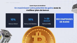 ICONX – FOUR WAYS TO BENEFIT 12
En maximisant votre potentiel de gains avec le
meilleur plan de bonus
Quatre façons de bénéficier
Bonus Direct Bonus de Réseau Bonus Grille
10% 10% 1-20
NIVEAUX
RECOMPENSES
DE RANG
 