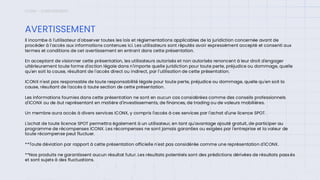 ICONX – AVERTISSEMENT
Il incombe à l'utilisateur d'observer toutes les lois et réglementations applicables de la juridiction concernée avant de
procéder à l'accès aux informations contenues ici. Les utilisateurs sont réputés avoir expressément accepté et consenti aux
termes et conditions de cet avertissement en entrant dans cette présentation.
En acceptant de visionner cette présentation, les utilisateurs autorisés et non autorisés renoncent à leur droit d'engager
ultérieurement toute forme d'action légale dans n'importe quelle juridiction pour toute perte, préjudice ou dommage, quelle
qu'en soit la cause, résultant de l'accès direct ou indirect, par l'utilisation de cette présentation.
ICONX n'est pas responsable de toute responsabilité légale pour toute perte, préjudice ou dommage, quelle qu'en soit la
cause, résultant de l'accès à toute section de cette présentation.
Les informations fournies dans cette présentation ne sont en aucun cas considérées comme des conseils professionnels
d'ICONX ou de àut représentant en matière d'investissements, de finances, de trading ou de valeurs mobilières.
Un membre aura accès à divers services ICONX, y compris l'accès à ces services par l'achat d'une licence SPOT.
L'achat de toute licence SPOT permettra également à un utilisateur, en tant qu'avantage ajouté gratuit, de participer au
programme de récompenses ICONX. Les récompenses ne sont jamais garanties ou exigées par l'entreprise et la valeur de
toute récompense peut fluctuer.
**Toute déviation par rapport à cette présentation officielle n'est pas considérée comme une représentation d'ICONX.
**Nos produits ne garantissent aucun résultat futur. Les résultats potentiels sont des prédictions dérivées de résultats passés
et sont sujets à des fluctuations.
AVERTISSEMENT
 