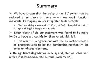 Lifetimeλ= 266 nmpulsewidth= 5 nsenergy per pulse= 3 mJ13 cmMg foilUV Laser16 nF3 Ω266 nm mirror5 MΩProbe 2 (x1000)Switch Current   Probe 1  (x1000)Switch VoltageUV lensf = 25 cmphotodiode-HV