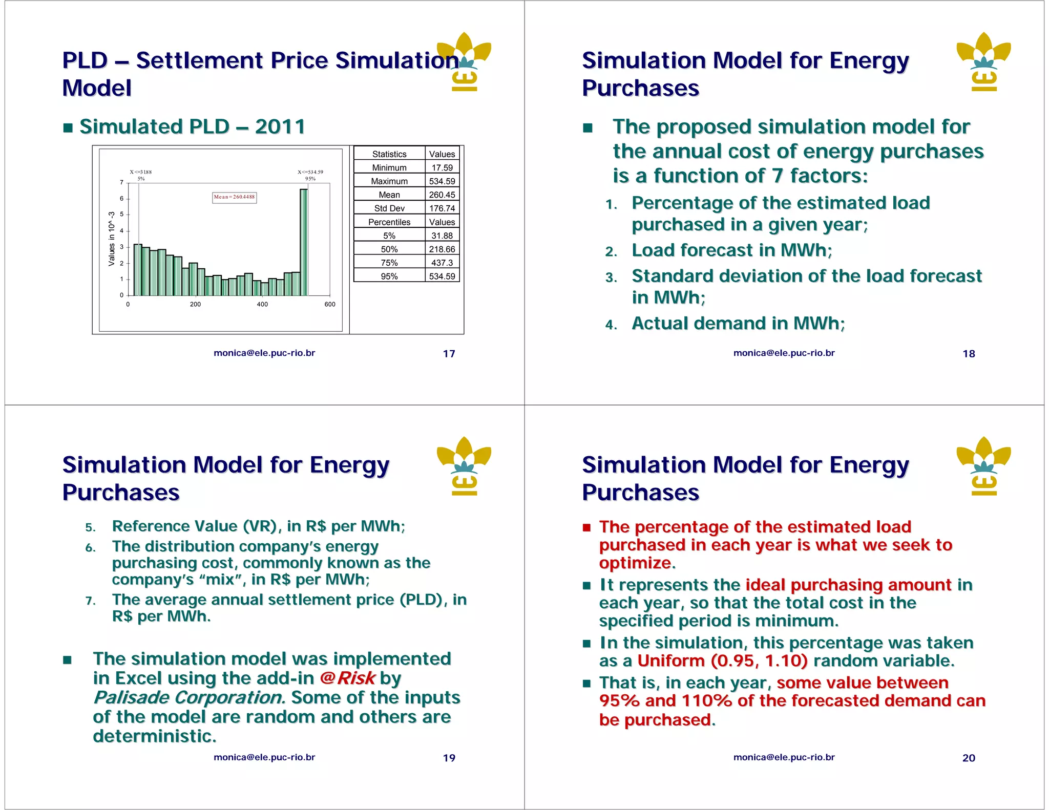 PLD – Settlement Price Simulation                                                                                            Simulation Model for Energy
Model                                                                                                                        Purchases
 Simulated PLD – 2011                                                                                                          The proposed simulation model for
                                         Distribution for pld_medio_2011/F2
                                                                                                       Statistics   Values     the annual cost of energy purchases
                                                                                                                               is a function of 7 factors:
                                 X <=31.88                                         X <=534.59
                                                                                                       Minimum      17.59
                                    5%                                                9 5%
                         7                                                                            Maximum       534.59

                                                                                                                                   Percentage of the estimated load
                                                        M e a n = 260.4488                              Mean        260.45
                                                                                                                              1.
                         6
                                                                                                       Std Dev      176.74
      Values in 10^ -3




                         5

                         4
                                                                                                      Percentiles
                                                                                                          5%
                                                                                                                    Values
                                                                                                                    31.88
                                                                                                                                   purchased in a given year;
                         3
                                                                                                         50%        218.66    2.   Load forecast in MWh;
                         2                                                                               75%        437.3
                         1                                                                               95%        534.59    3.   Standard deviation of the load forecast
                         0
                             0                    200                        400                600                                in MWh;
                                                                                                                              4.   Actual demand in MWh;
                                                        monica@ele.puc-rio.br                                          17                     monica@ele.puc-rio.br    18




Simulation Model for Energy                                                                                                  Simulation Model for Energy
Purchases                                                                                                                    Purchases
 5.          Reference Value (VR), in R$ per MWh;
                                             MWh;                                                                             The percentage of the estimated load
 6.          The distribution company’s energy                                                                                purchased in each year is what we seek to
             purchasing cost, commonly known as the                                                                           optimize.
             company’s “mix”, in R$ per MWh;
                                        MWh;                                                                                  It represents the ideal purchasing amount in
 7.          The average annual settlement price (PLD), in                                                                    each year, so that the total cost in the
             R$ per MWh.
                    MWh.                                                                                                      specified period is minimum.
                                                                                                                              In the simulation, this percentage was taken
  The simulation model was implemented                                                                                        as a Uniform (0.95, 1.10) random variable.
  in Excel using the add-in @Risk by                                                                                          That is, in each year, some value between
  Palisade Corporation. Some of the inputs                                                                                    95% and 110% of the forecasted demand can
  of the model are random and others are                                                                                      be purchased.
  deterministic.
                                                        monica@ele.puc-rio.br                                          19                     monica@ele.puc-rio.br    20
 