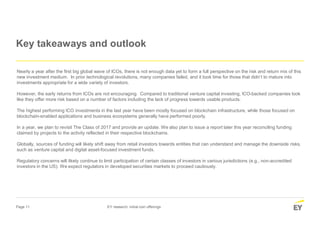 Page 11 EY research: initial coin offerings
Key takeaways and outlook
Nearly a year after the first big global wave of ICOs, there is not enough data yet to form a full perspective on the risk and return mix of this
new investment medium. In prior technological revolutions, many companies failed, and it took time for those that didn’t to mature into
investments appropriate for a wide variety of investors.
However, the early returns from ICOs are not encouraging. Compared to traditional venture capital investing, ICO-backed companies look
like they offer more risk based on a number of factors including the lack of progress towards usable products.
The highest performing ICO investments in the last year have been mostly focused on blockchain infrastructure, while those focused on
blockchain-enabled applications and business ecosystems generally have performed poorly.
In a year, we plan to revisit The Class of 2017 and provide an update. We also plan to issue a report later this year reconciling funding
claimed by projects to the activity reflected in their respective blockchains.
Globally, sources of funding will likely shift away from retail investors towards entities that can understand and manage the downside risks,
such as venture capital and digital asset-focused investment funds.
Regulatory concerns will likely continue to limit participation of certain classes of investors in various jurisdictions (e.g., non-accredited
investors in the US). We expect regulators in developed securities markets to proceed cautiously.
 