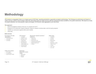 Page 12 EY research: initial coin offerings
Methodology
ICO market is unregulated, there is no single source of ICO data, reporting standards or generally accepted methodology. The findings are preliminary and based on
public sources, and EY cannot always match the information given by these sources with the transactional data available on the public blockchain. We based our study
on project websites, the most popular crypto exchanges, ICO trackers, data aggregators and interviews.
Our approach:
► Performed detailed analysis of the top 141 projects from 2017
► Analysis of ICO blockchain network statistics, based on network monitors sites, and third party analytics
► Verified our conclusions against other public studies
► Interviews
Exchanges and data
aggregators
• Coinmarketcap
• Coinbase
• Coindesk
ICO trackers
• Coingeko
• icobench.com
• icodrops.com
• TokenData
• IcoWatchList
• TokenMarket
• Tokenmarket.net
• Coinschedule
• TokenReport
Blockchain network scanners 
platforms
• Bloxy.info
• EtherScan
• Blockchain.info
• EthereumGasStation
• Bitinfocharts.com
• GitHub
News sites
• Coindesk
• Forklog
• Anycoin
• Bloomberg
• Fortune
• Business Insider
• TechCrunch
• Forbes
• cnbc.com
• Ccn.com
Public ICO reports
• CB Insight
• Funderbeam
• Autonomous Next
Dedicated
Blockchain social
media
• Bitcointalk
• Medium
• Reddit
Data sources:
 