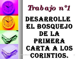 Trabajo n°1 Desarrolle el bosquejo de la primera carta a los corintios. Instituto Biblico Nacional - 1 Corintios Profesor Miguel Neira Jara 