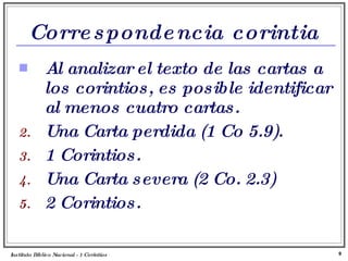 Correspondencia corintia Al analizar el texto de las cartas a los corintios, es posible identificar al menos cuatro cartas. Una Carta perdida (1 Co 5.9). 1 Corintios. Una Carta severa (2 Co. 2.3) 2 Corintios. Instituto Biblico Nacional - 1 Corintios Profesor Miguel Neira Jara 
