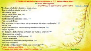 O Espírito da Verdade — Autores diversos — F. C. Xavier / Waldo Vieira
60-Vozes do Evangelho
O EVANGELHO SEGUNDO O ESPIRITISMO — Cap. XI — Item 2
1 Destaque o lado bom dos seres e das coisas.
“Examine tudo e retenha o melhor.” ( † )
2 Não valorize o erro.
“Vença, o mal com o bem.” ( † )
3 Auxilie sem exigência.
“Perdoe setenta vezes sete vezes.” ( † )
4 Fuja à impertinência.
“Não se queixem uns contra os outros, para que não sejam condenados.” ( † )
5 Não se irrite.
“Faça todas as coisas sem murmurações nem contendas.” ( † )
6 Não se imponha.
“Os discípulos do Senhor se conhecem por muito se amarem.” ( † )
7 Não pressione a ninguém.
“Atente bem para a lei da liberdade.” ( † )
8 Olvide a falta alheia.
“Lance mão do arado sem olhar para trás.” ( † )
9 Renuncie em silêncio.
“O cristão existe para servir e não para ser servido.” ( † )
10 Use a bondade incansável.
“Todas as suas ações sejam feitas com caridade.” ( † ) André Luiz
 