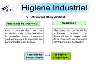 •Desinterés de la Gerencia
OTRAS CAUSAS DE ACCIDENTES
•Las consecuencias de los
accidentes y los costos que estos
le generaban fueron mostrando
gradualmente que la seguridad era
parte importante del negocio
•Estudiando las causas de los
accidentes también se
descubrió que la mayor parte
de la prevención de accidentes
corresponde a la supervisión
Supervisión
Hacer trabajo
correctamente
Es hacer el
trabajo seguro
 