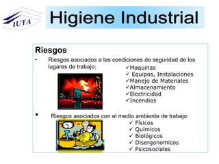 Riesgos
• Riesgos asociados a las condiciones de seguridad de los
lugares de trabajo:
• Riesgos asociados con el medio ambiente de trabajo:
Maquinas
 Equipos, Instalaciones
Manejo de Materiales
Almacenamiento
Electricidad
Incendios
 Físicos
 Químicos
 Biológicos
 Disergonomicos
 Psicosociales
 