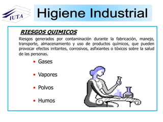 RIESGOS QUIMICOS
• Gases
• Vapores
• Polvos
• Humos
Riesgos generados por contaminación durante la fabricación, manejo,
transporte, almacenamiento y uso de productos químicos, que pueden
provocar efectos irritantes, corrosivos, asfixiantes o tóxicos sobre la salud
de las personas.
 