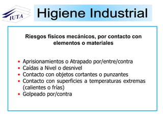 Riesgos físicos mecánicos, por contacto con
elementos o materiales
• Aprisionamientos o Atrapado por/entre/contra
• Caídas a Nivel o desnivel
• Contacto con objetos cortantes o punzantes
• Contacto con superficies a temperaturas extremas
(calientes o frías)
• Golpeado por/contra
 