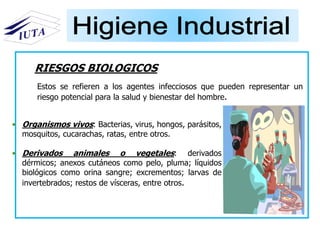 RIESGOS BIOLOGICOS
• Organismos vivos: Bacterias, virus, hongos, parásitos,
mosquitos, cucarachas, ratas, entre otros.
• Derivados animales o vegetales: derivados
dérmicos; anexos cutáneos como pelo, pluma; líquidos
biológicos como orina sangre; excrementos; larvas de
invertebrados; restos de vísceras, entre otros.
Estos se refieren a los agentes infecciosos que pueden representar un
riesgo potencial para la salud y bienestar del hombre.
 