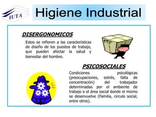 DISERGONOMICOS
Estos se refieren a las características
de diseño de los puestos de trabajo,
que pueden afectar la salud y
bienestar del hombre.
PSICOSOCIALES
Condiciones psicológicas
(preocupaciones, estrés, falta de
concentración) del trabajador
determinadas por el ambiente de
trabajo o el área social donde el mismo
se desenvuelve (Familia, circulo social,
entre otros).
 