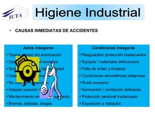 • CAUSAS INMEDIATAS DE ACCIDENTES
Actos inseguros
Operar equipo sin autorización
Operar a velocidad excesiva
Quitar dispositivos de seguridad
Usar equipo defectuoso
No usar EPP requerido
Adoptar posición incorrecta
Mantenimiento en equipo operando
Bromas, bebidas, drogas
Condiciones inseguras
Resguardos/ protección inadecuados
Equipos / materiales defectuosos
Falta de orden y limpieza
Condiciones atmosféricas peligrosas
Ruido excesivo
Iluminación / ventilación deficiente
Protección personal inadecuado
Exposición a radiación
 